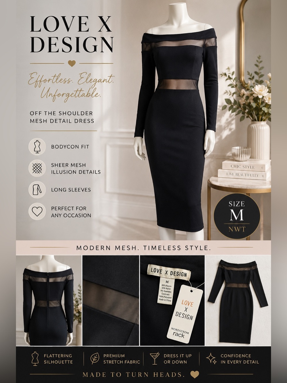 LOVE X DESIGN Black Off Shoulder Mesh Illusion Bodycon Midi Dress NWT Size M